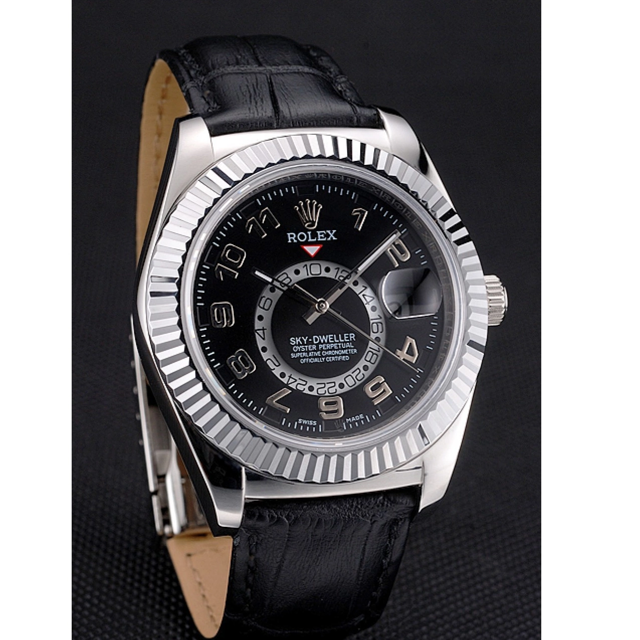 Aaa fake watches Dweller Leather Strap Black Rolex Sky Steel Dial Case Black Stainless 0624